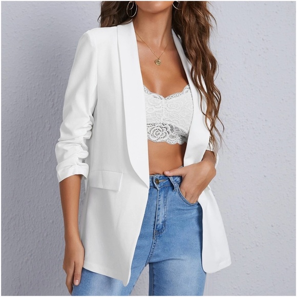 Classic Ruched 1/2 Sleeve Open Front Blazer - Picture 2 of 13